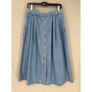 90s Vintage Skirt Womens Large Blue Denim Midi Button Flowy Pockets Cottage Boho
